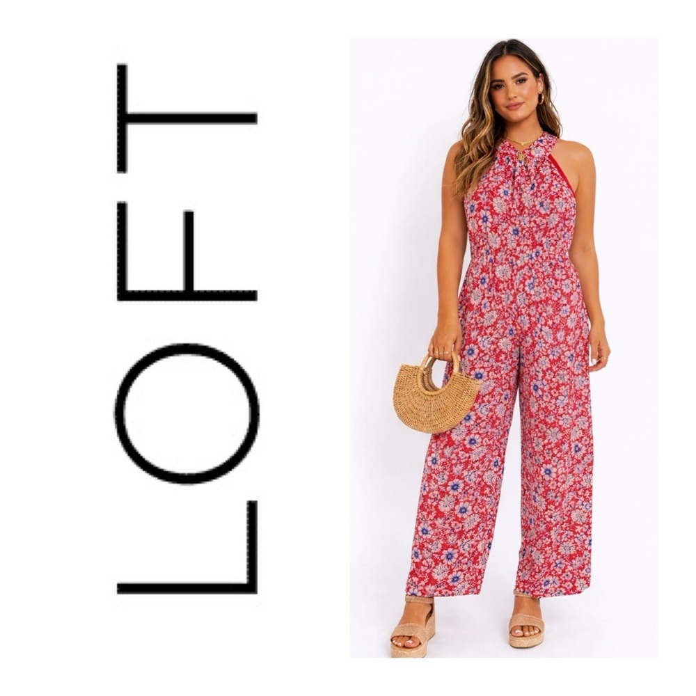 LOFT Red Floral Print Halter Crop Jumpsuit